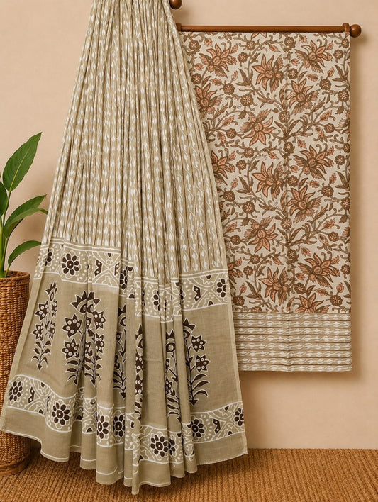 Beige ethnic motif cotton screen print salwar suit