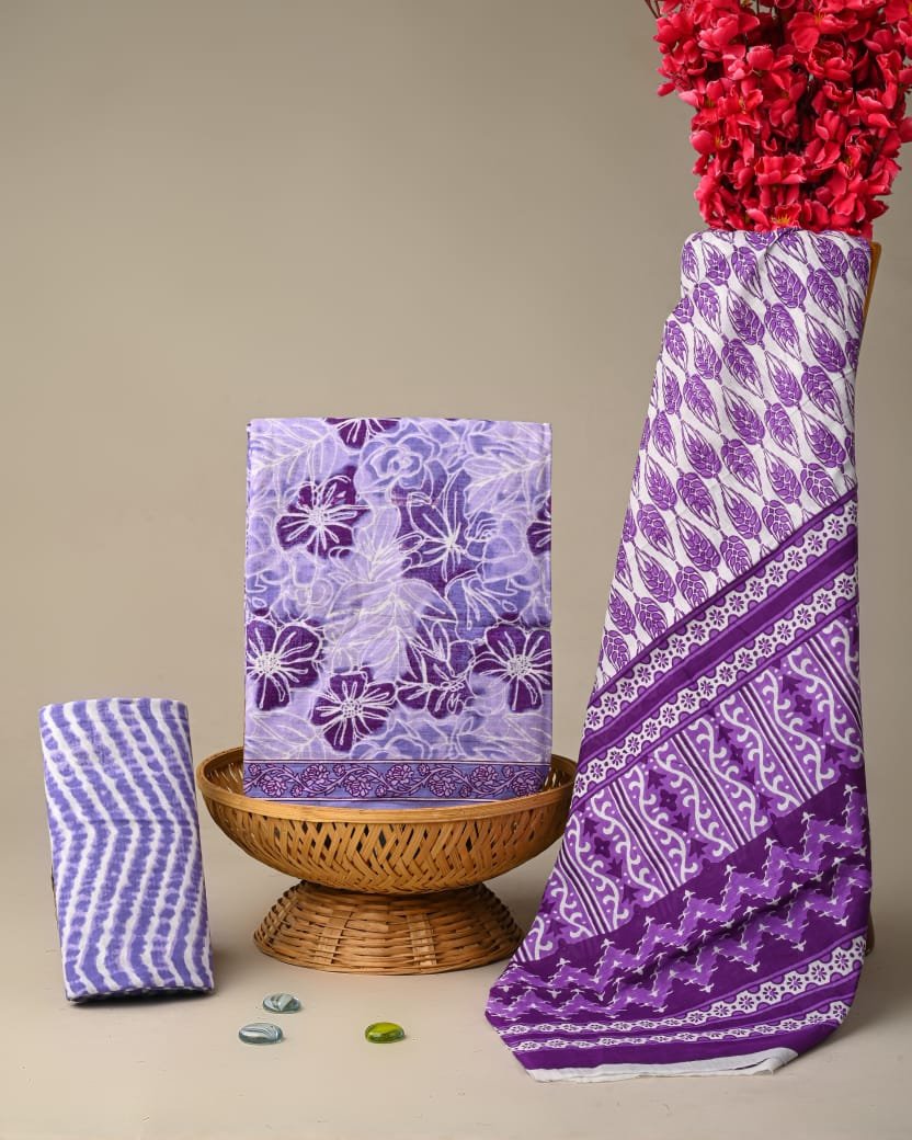 Purple floral screen print cotton salwar suit
