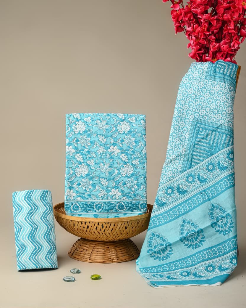 Blue floral print cotton salwar suit India