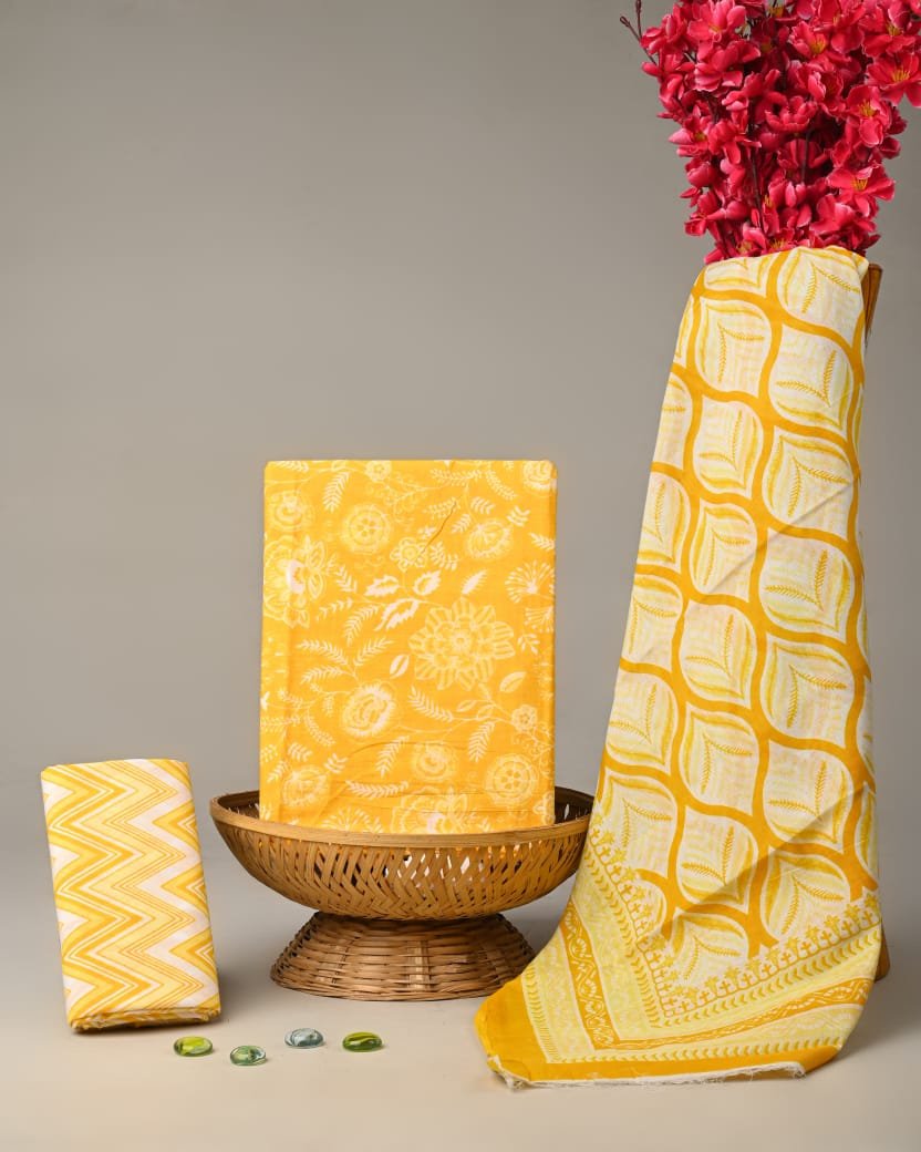 Yellow cotton suit set floral print Jaipur