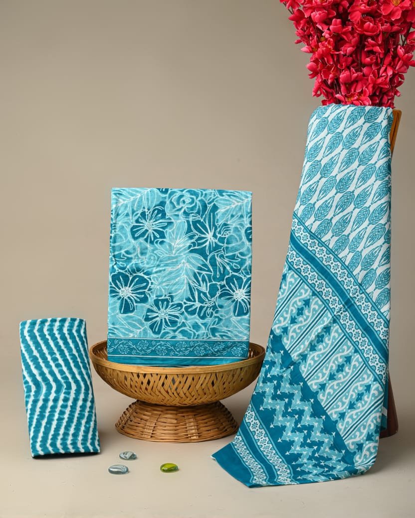 Blue cotton suit set floral print India