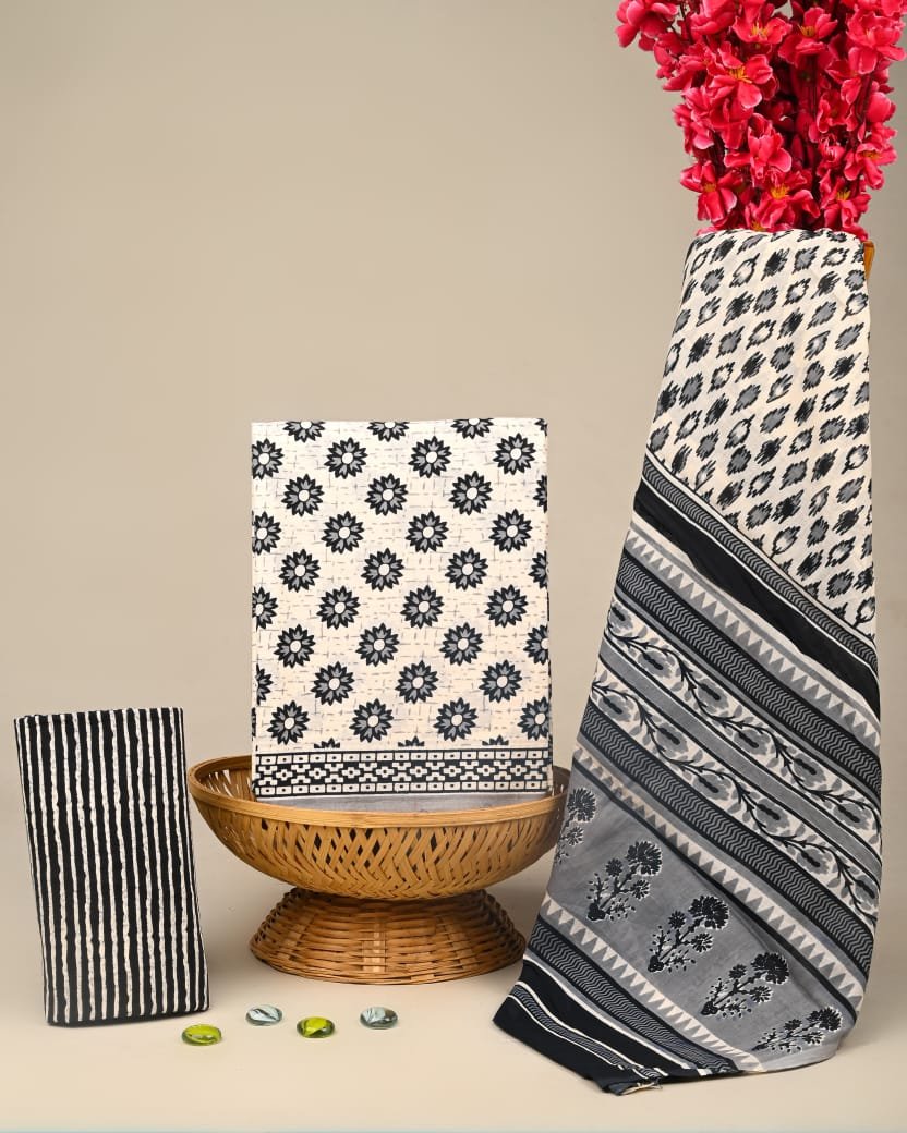 Black and white cotton suit set ethnic motif