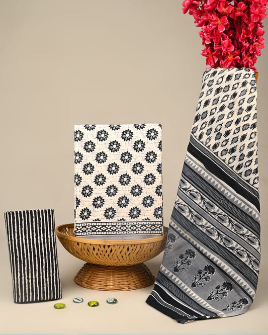 Black and white cotton suit set ethnic motif
