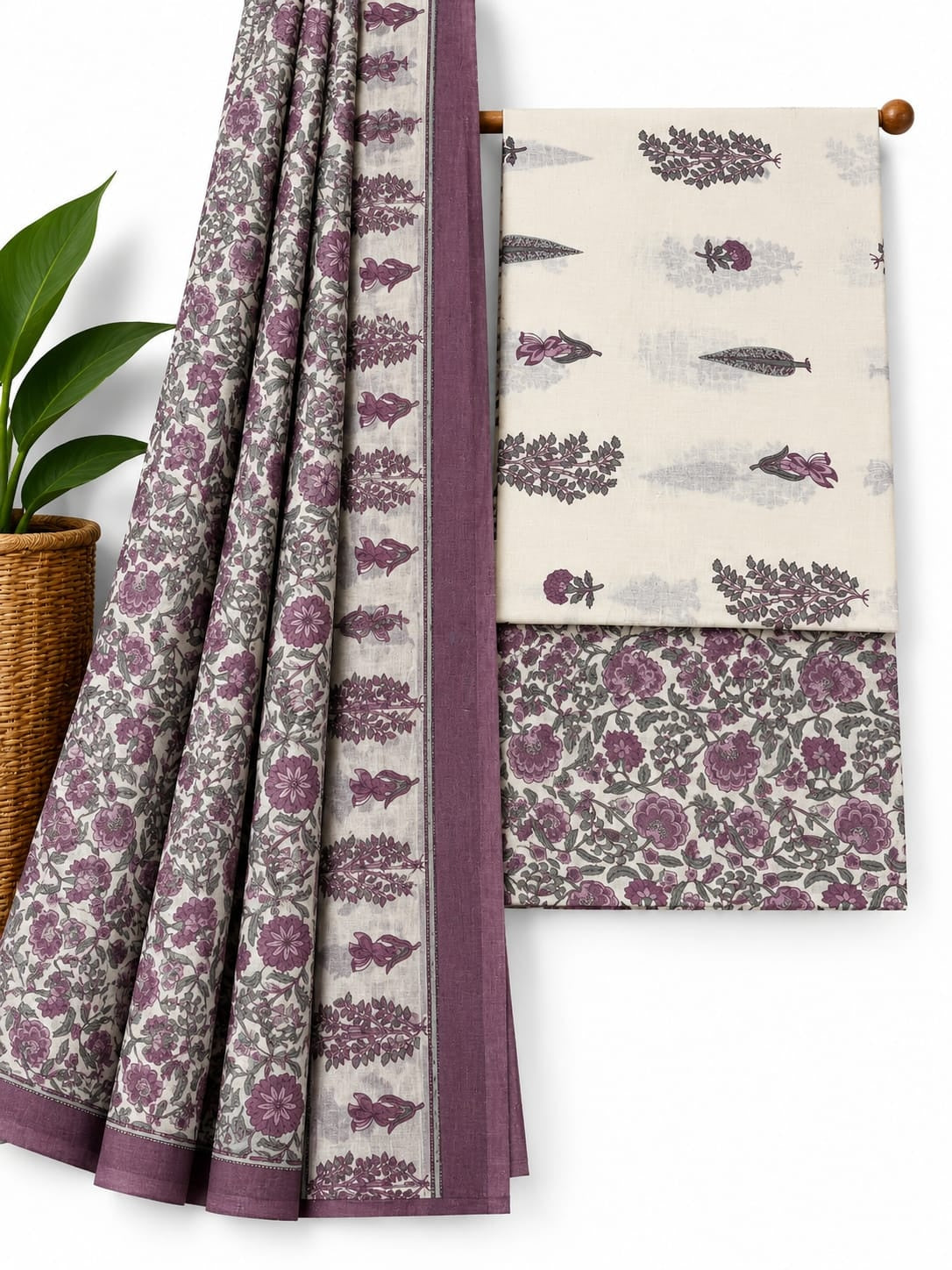 Purple & Off-White Floral Jaal cotton screen print salwar suit set with cotton dupatta