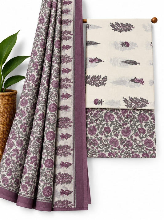 Purple & Off-White Floral Jaal cotton screen print salwar suit set with cotton dupatta