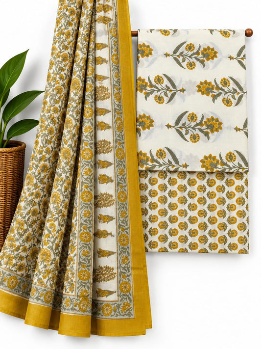 Mustard Yellow & Off-White Floral Booti cotton screen print salwar suit set with cotton dupatta