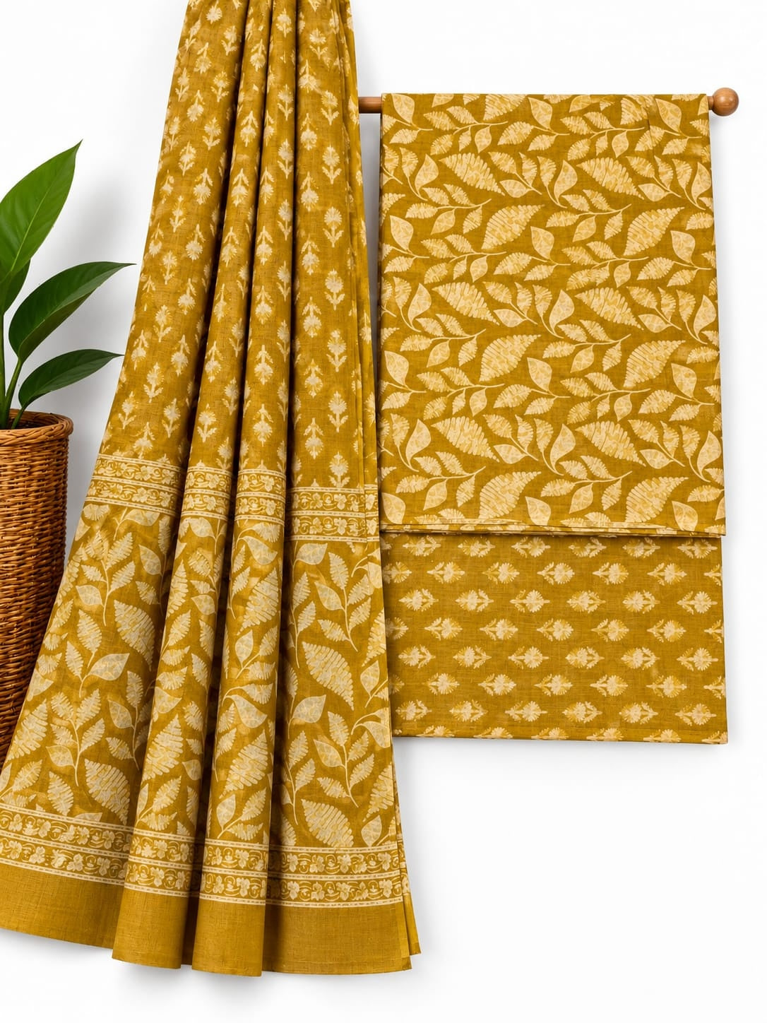 Mustard Yellow Leaf Print cotton screen print salwar suit set with cotton dupatta
