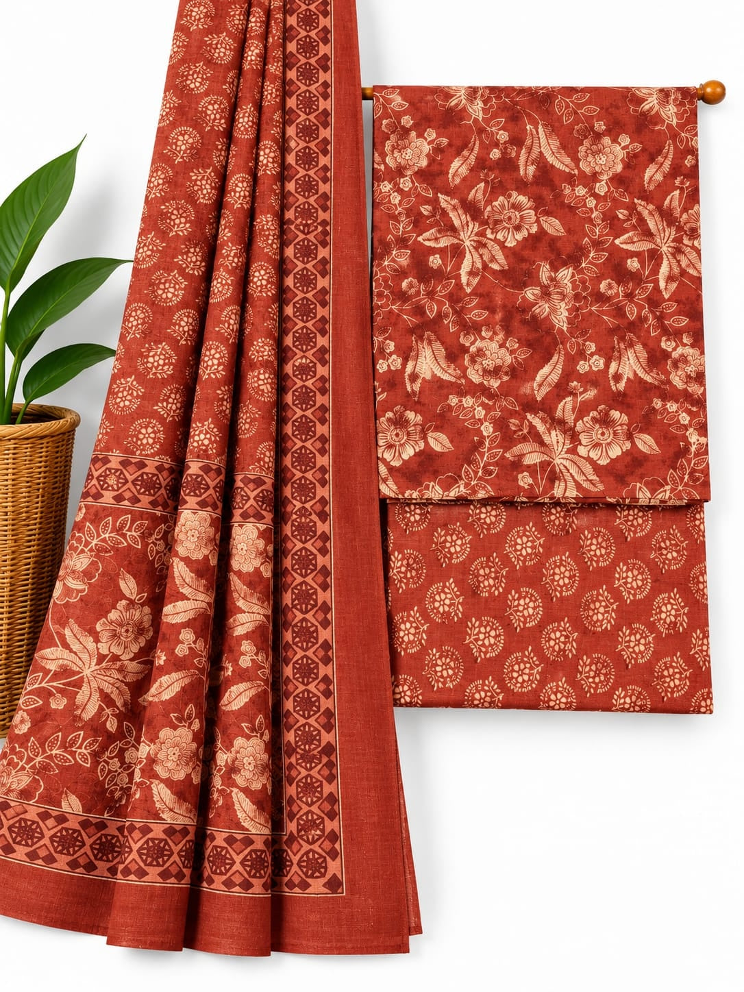 Rust Orange & Off-White Floral Jaal & Floral Booti cotton screen print salwar suit set with cotton dupatta