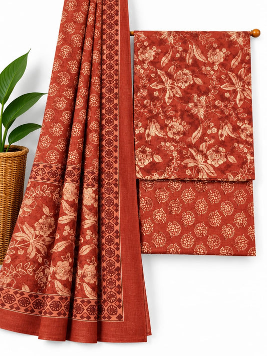 Rust Orange & Off-White Floral Jaal & Floral Booti cotton screen print salwar suit set with cotton dupatta