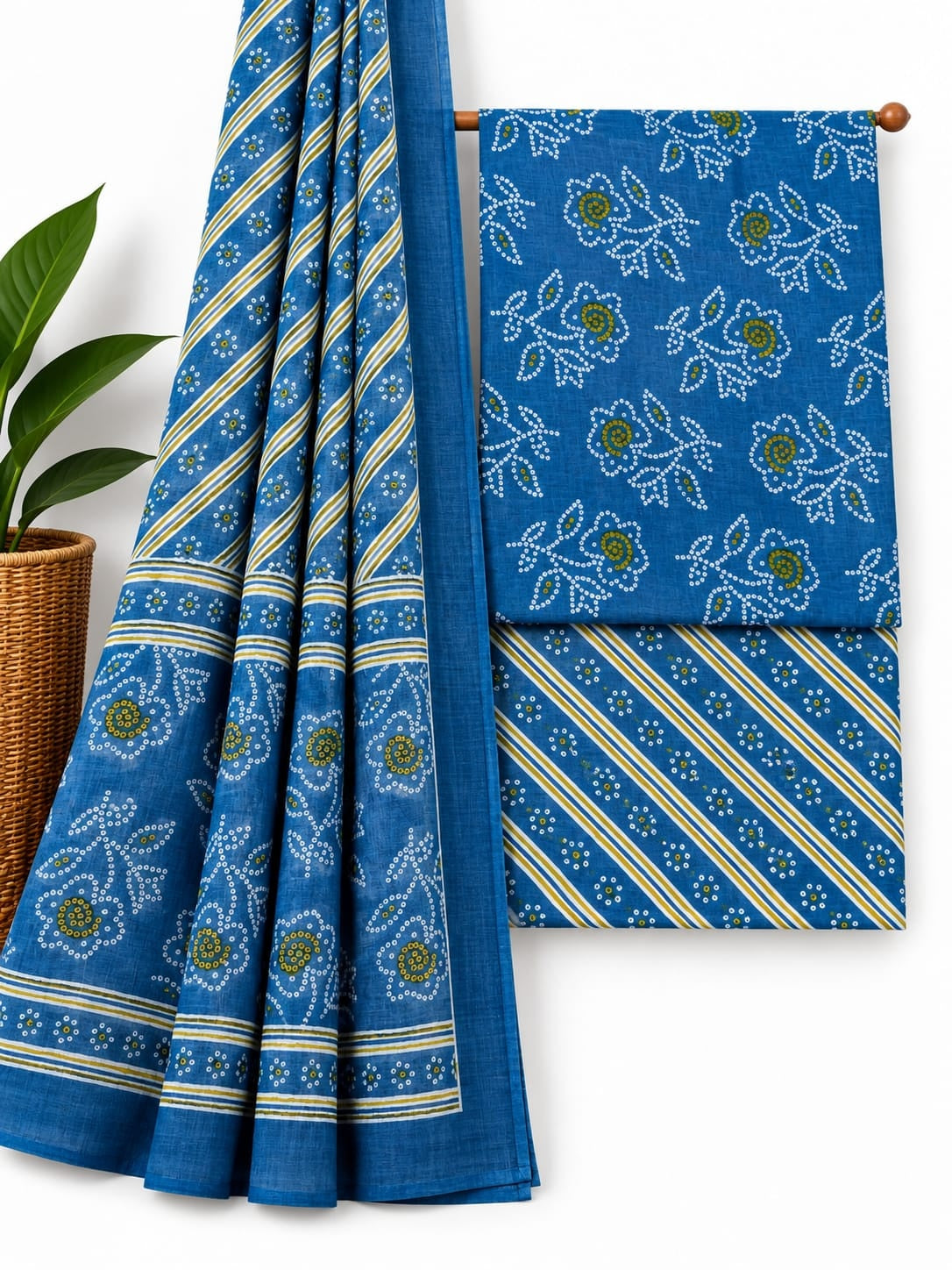 Indigo Blue Floral Booti cotton screen print salwar suit set with cotton dupatta