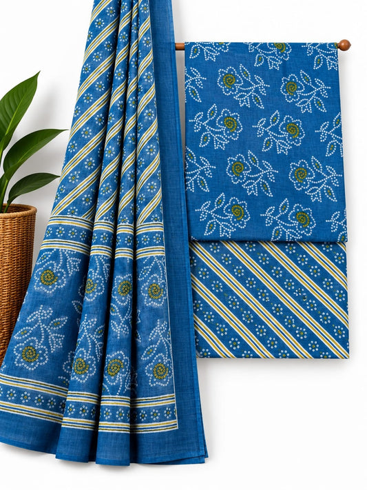 Indigo Blue Floral Booti cotton screen print salwar suit set with cotton dupatta