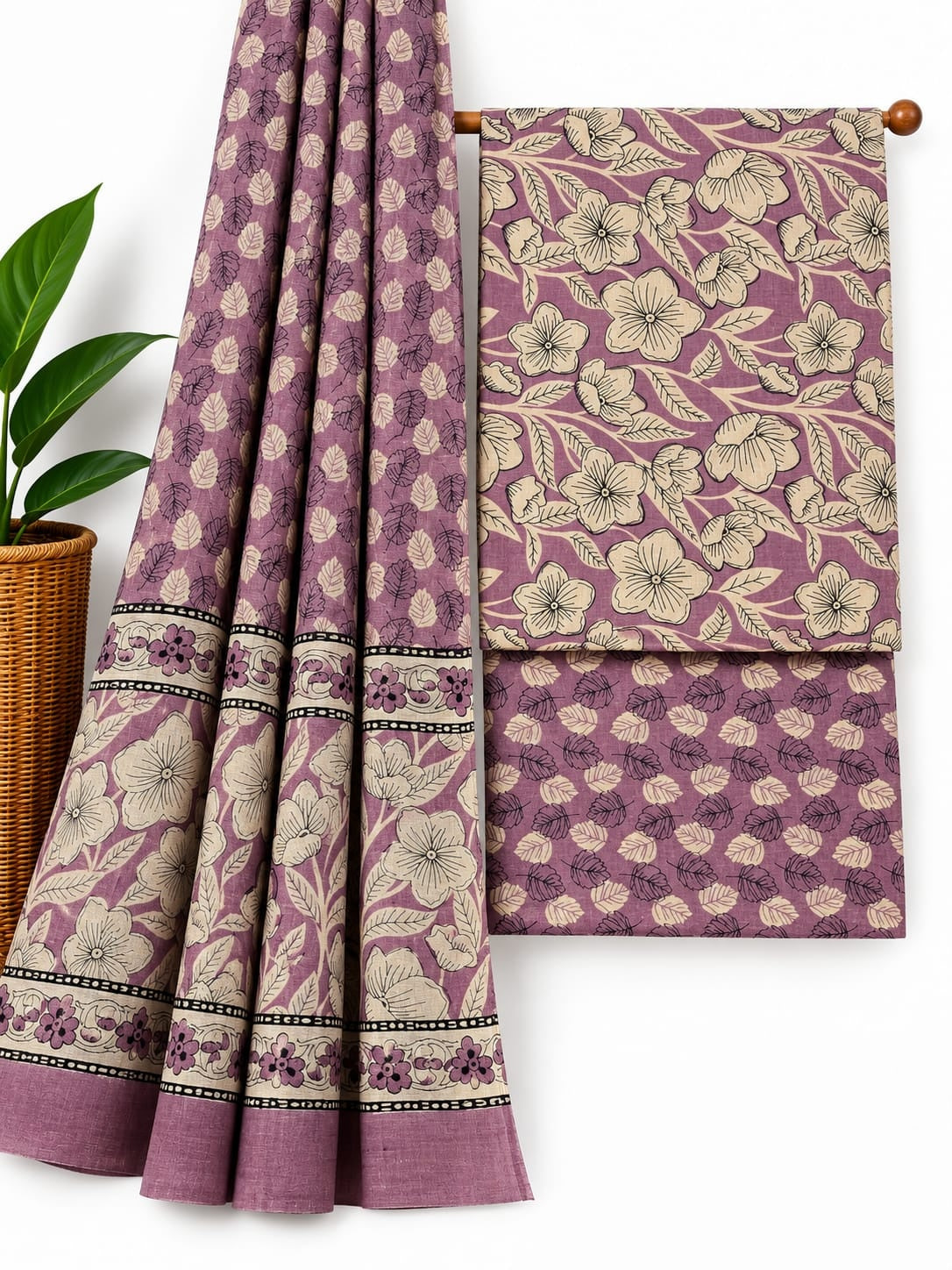 Lavender & Off-White Floral Jaal cotton screen print salwar suit set with cotton dupatta