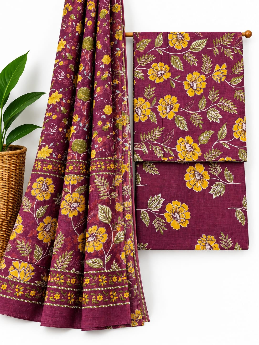 Maroon & Mustard Yellow Floral Jaal cotton screen print salwar suit set with cotton dupatta