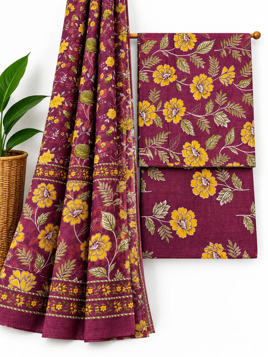Maroon & Mustard Yellow Floral Jaal cotton screen print salwar suit set with cotton dupatta