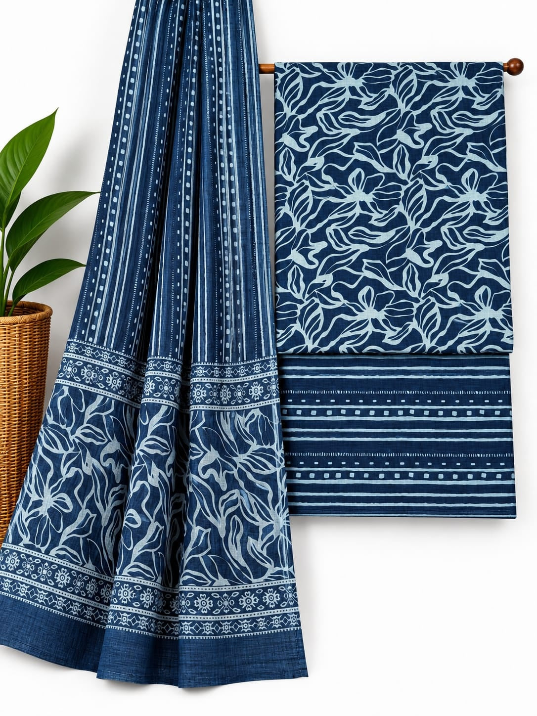 Indigo Blue & White Floral Jaal cotton screen print salwar suit set with cotton dupatta