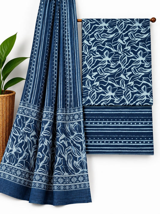 Indigo Blue & White Floral Jaal cotton screen print salwar suit set with cotton dupatta