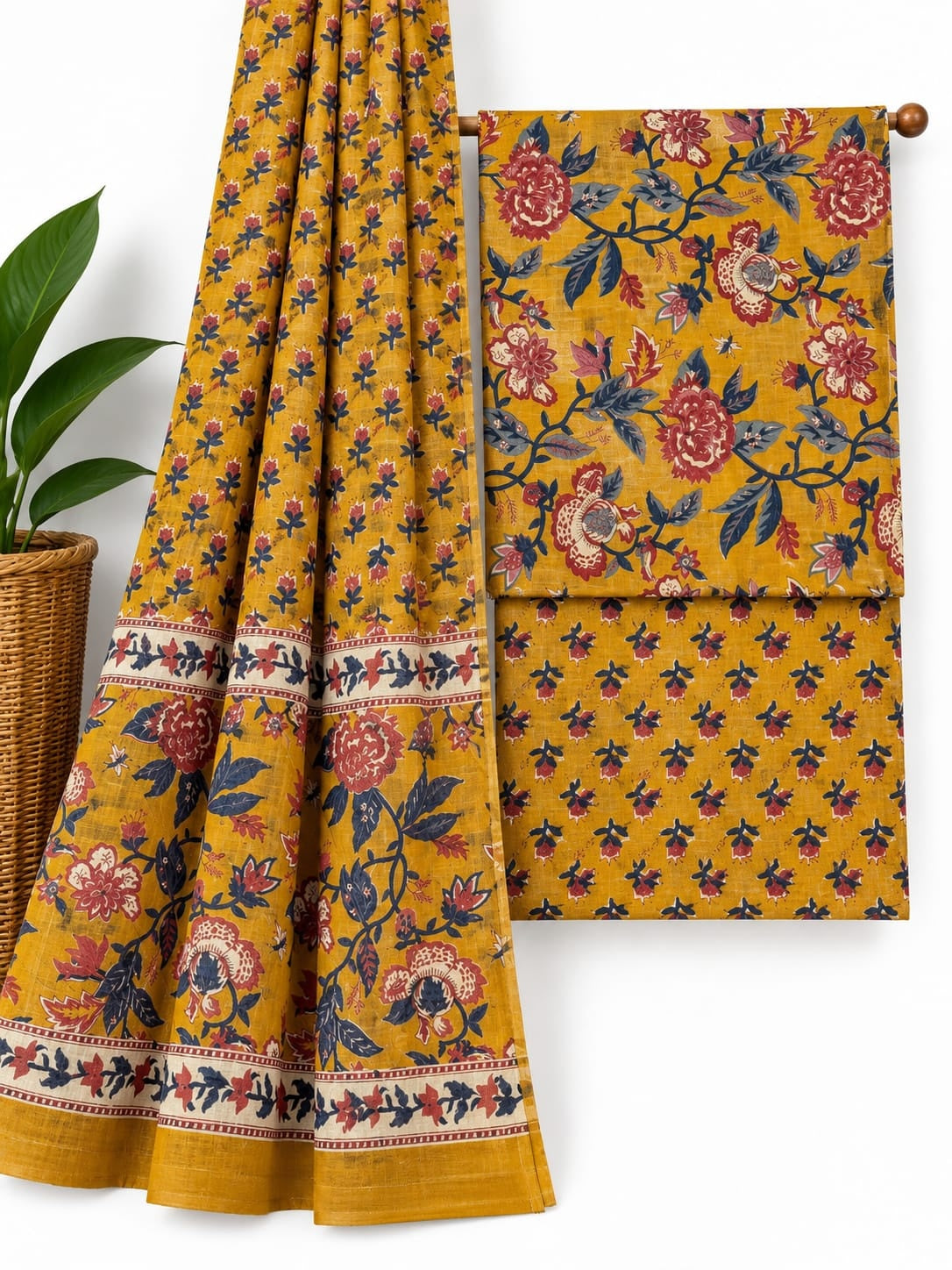 Mustard Yellow & Red Floral Jaal cotton screen print salwar suit set with cotton dupatta