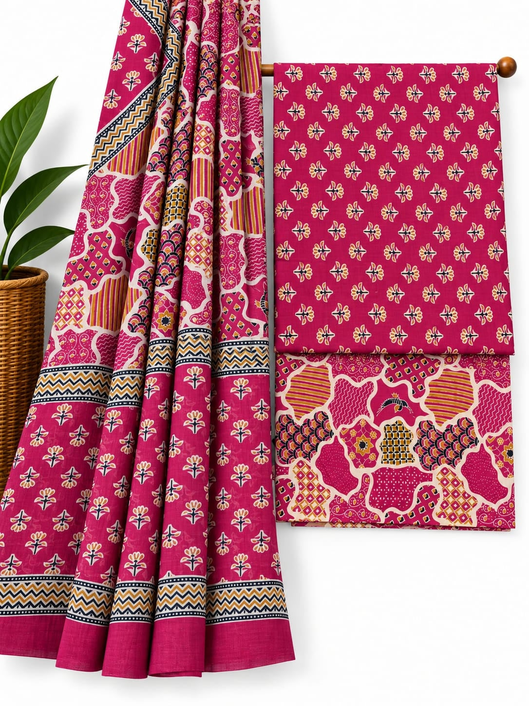 Pink & White Floral Booti cotton screen print salwar suit set with cotton dupatta