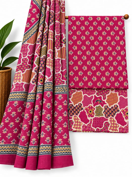 Pink & White Floral Booti cotton screen print salwar suit set with cotton dupatta