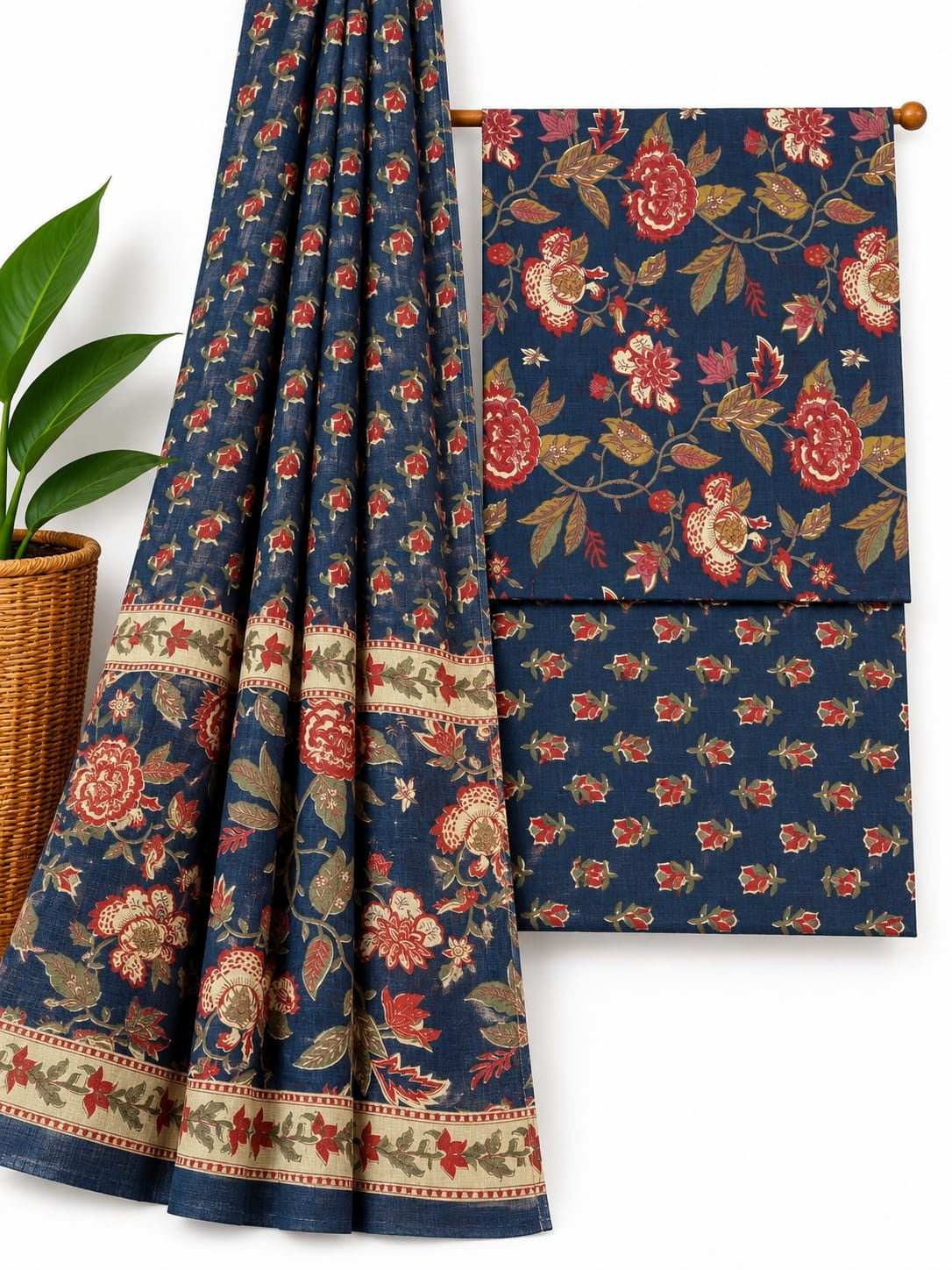Indigo Blue & Red Floral Jaal cotton screen print salwar suit set with cotton dupatta