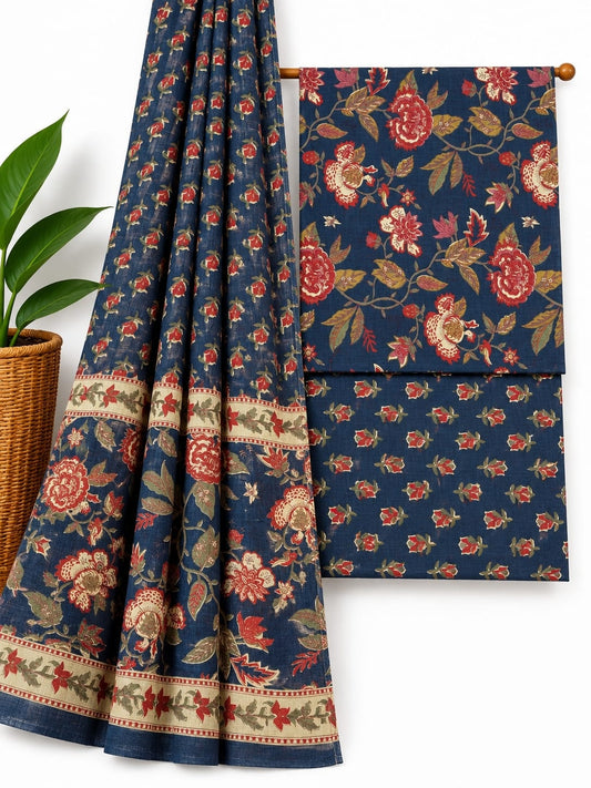 Indigo Blue & Red Floral Jaal cotton screen print salwar suit set with cotton dupatta