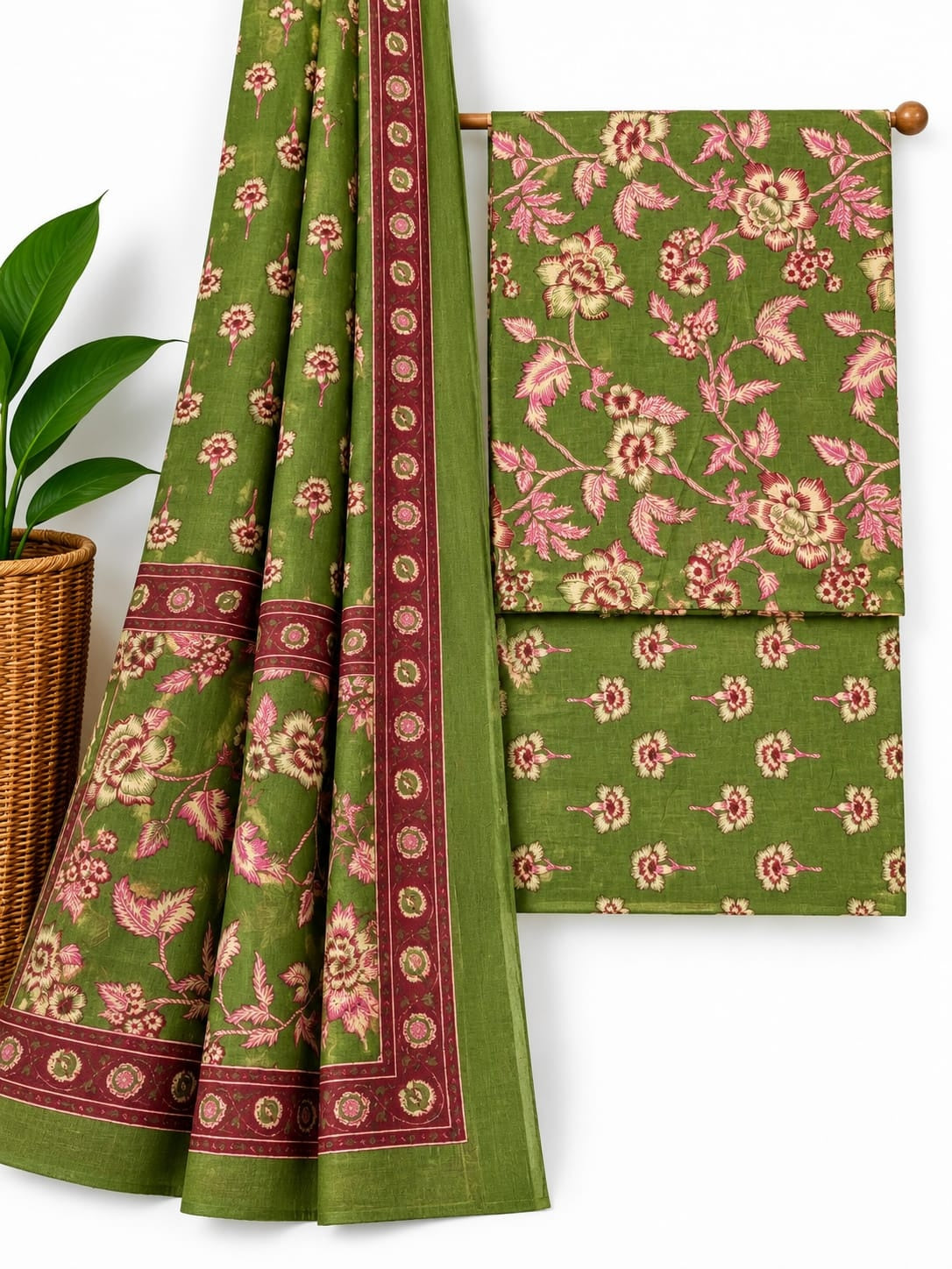 Olive Green & Maroon Floral Jaal cotton screen print salwar suit set with cotton dupatta