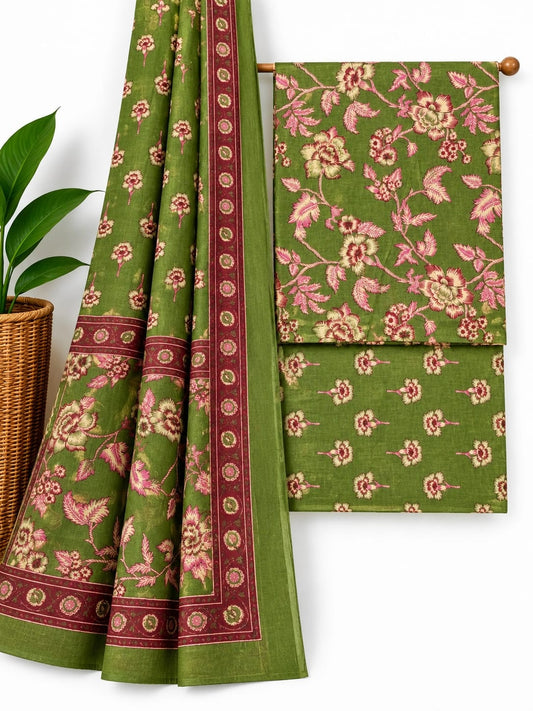 Olive Green & Maroon Floral Jaal cotton screen print salwar suit set with cotton dupatta
