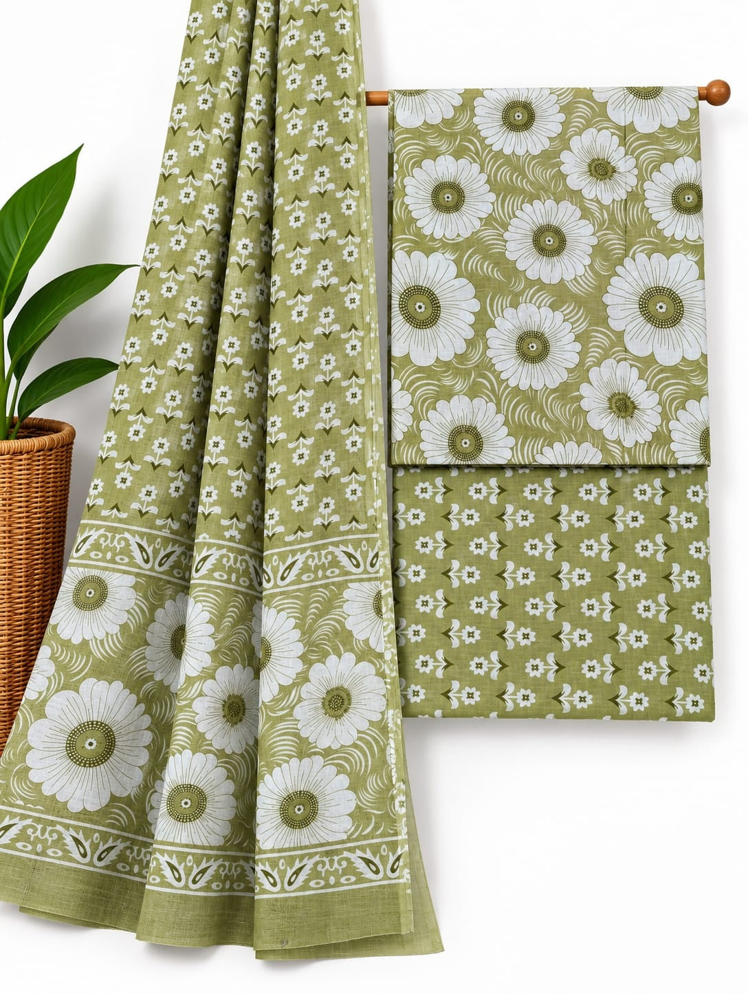 Olive Green & White Floral Booti cotton screen print salwar suit set with cotton dupatta