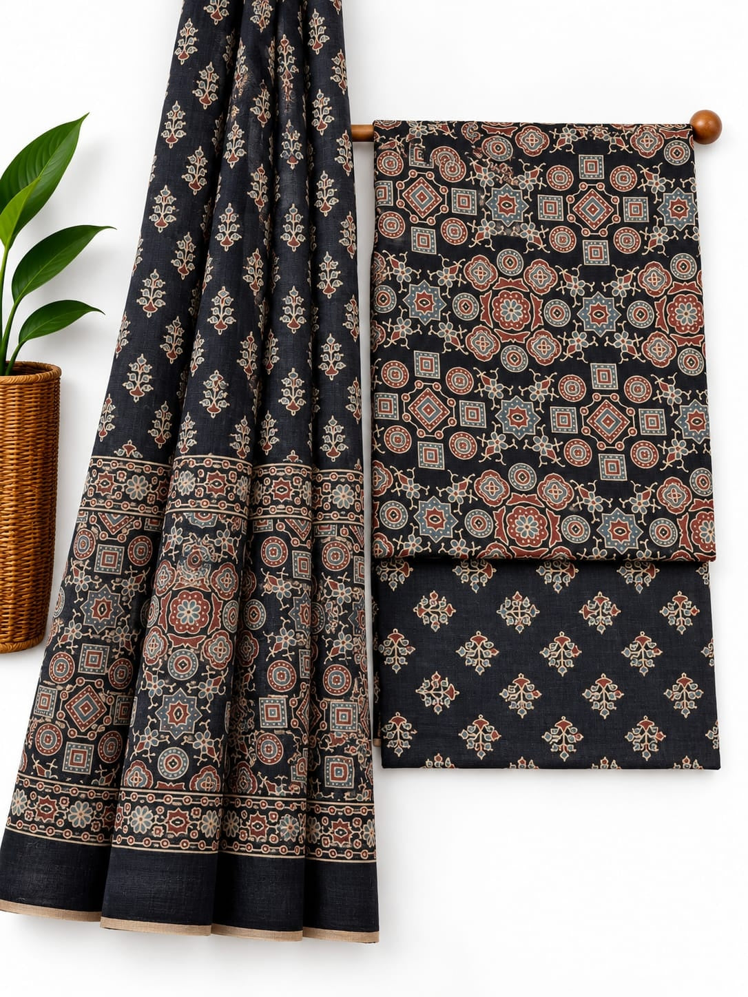 Black, Rust Red & Grey Geometric cotton screen print salwar suit set with cotton dupatta