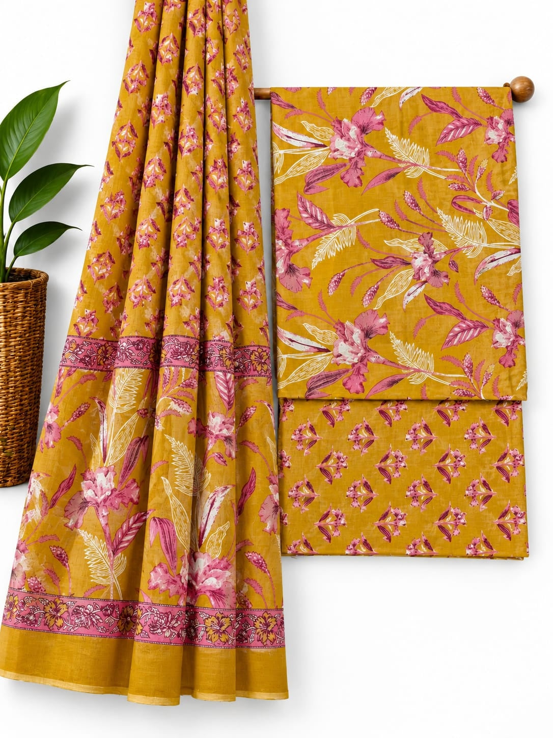 Mustard Yellow & Pink Floral Motif cotton screen print salwar suit set with cotton dupatta