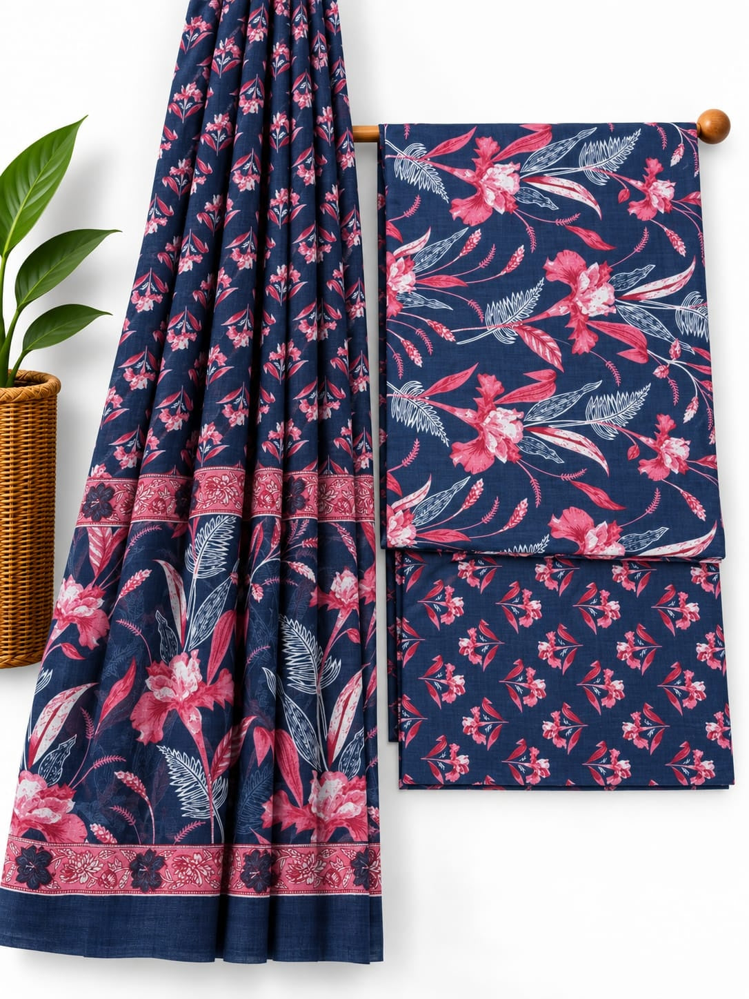 Indigo Blue & Pink Floral Booti cotton screen print salwar suit set with cotton dupatta