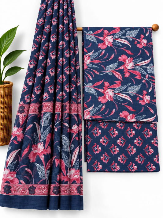 Indigo Blue & Pink Floral Booti cotton screen print salwar suit set with cotton dupatta