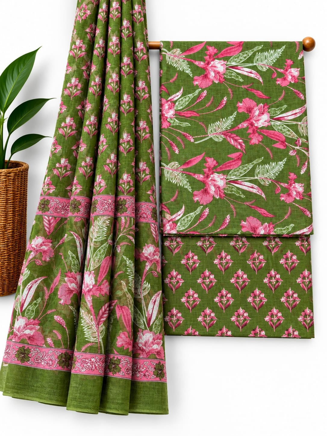 Olive Green & Pink Floral Booti cotton screen print salwar suit set with cotton dupatta