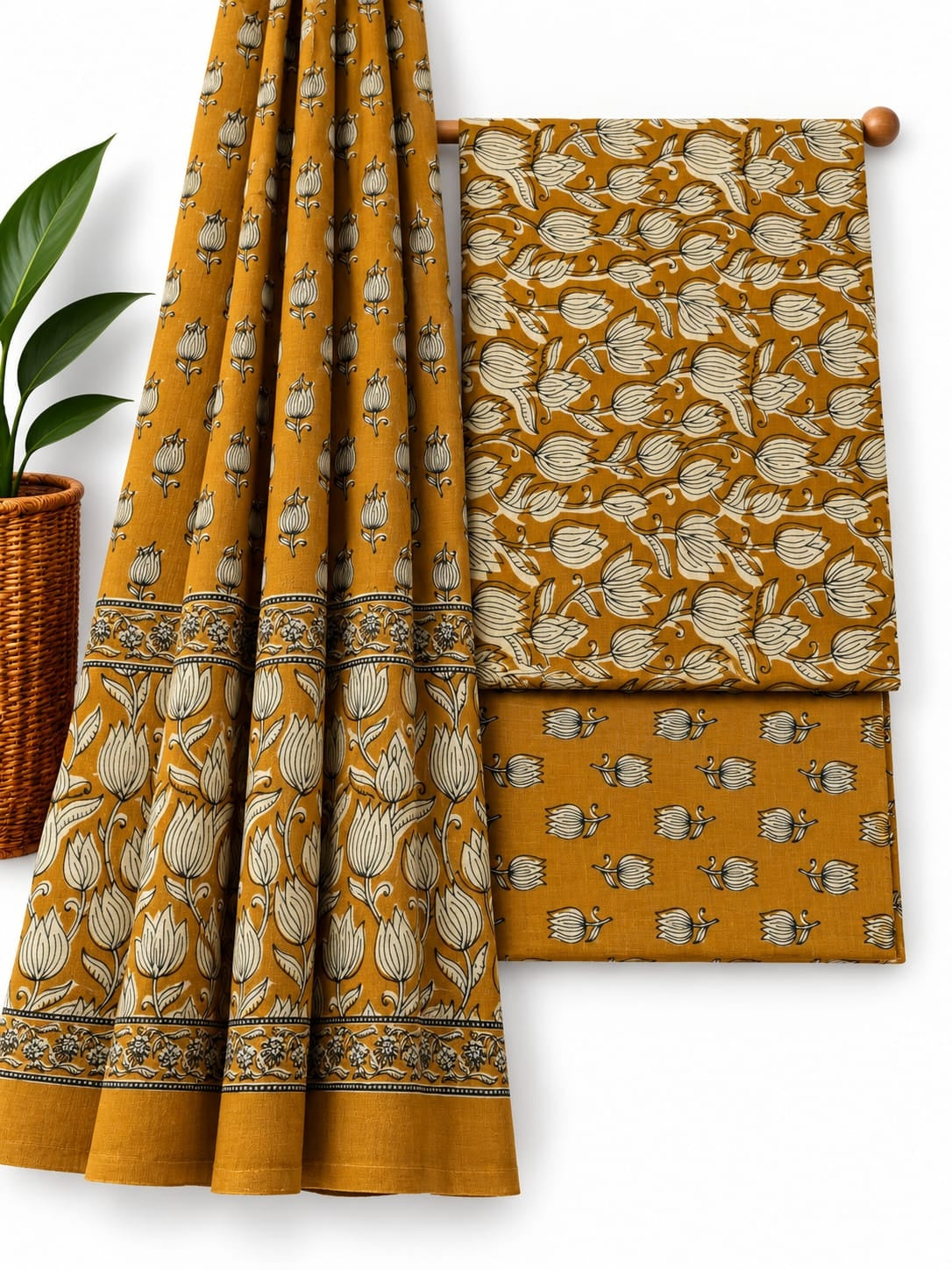 Mustard Yellow & Off-White Floral Booti cotton screen print salwar suit set with cotton dupatta