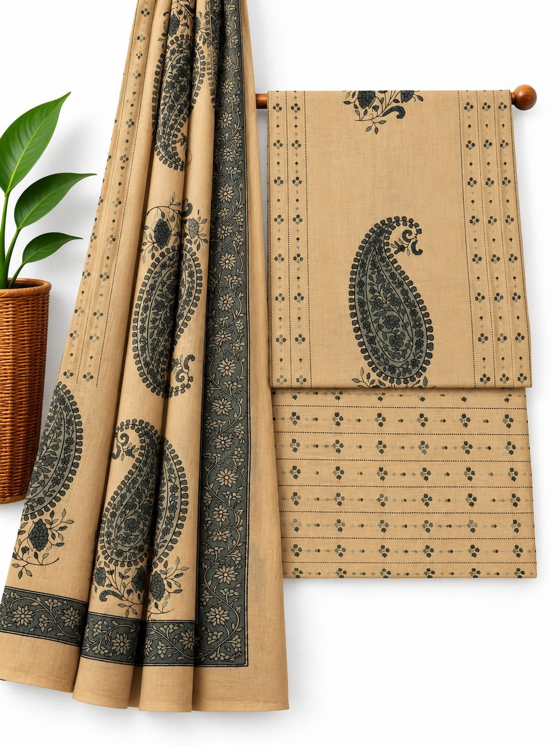 Beige & Charcoal Black Paisley cotton screen print salwar suit set with cotton dupatta