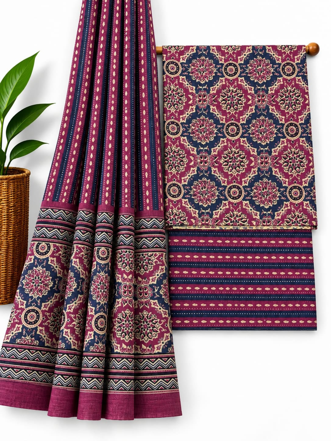 Maroon & Navy Blue Traditional Print cotton screen print salwar suit set with cotton dupatta