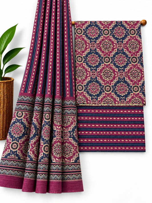 Maroon & Navy Blue Traditional Print cotton screen print salwar suit set with cotton dupatta