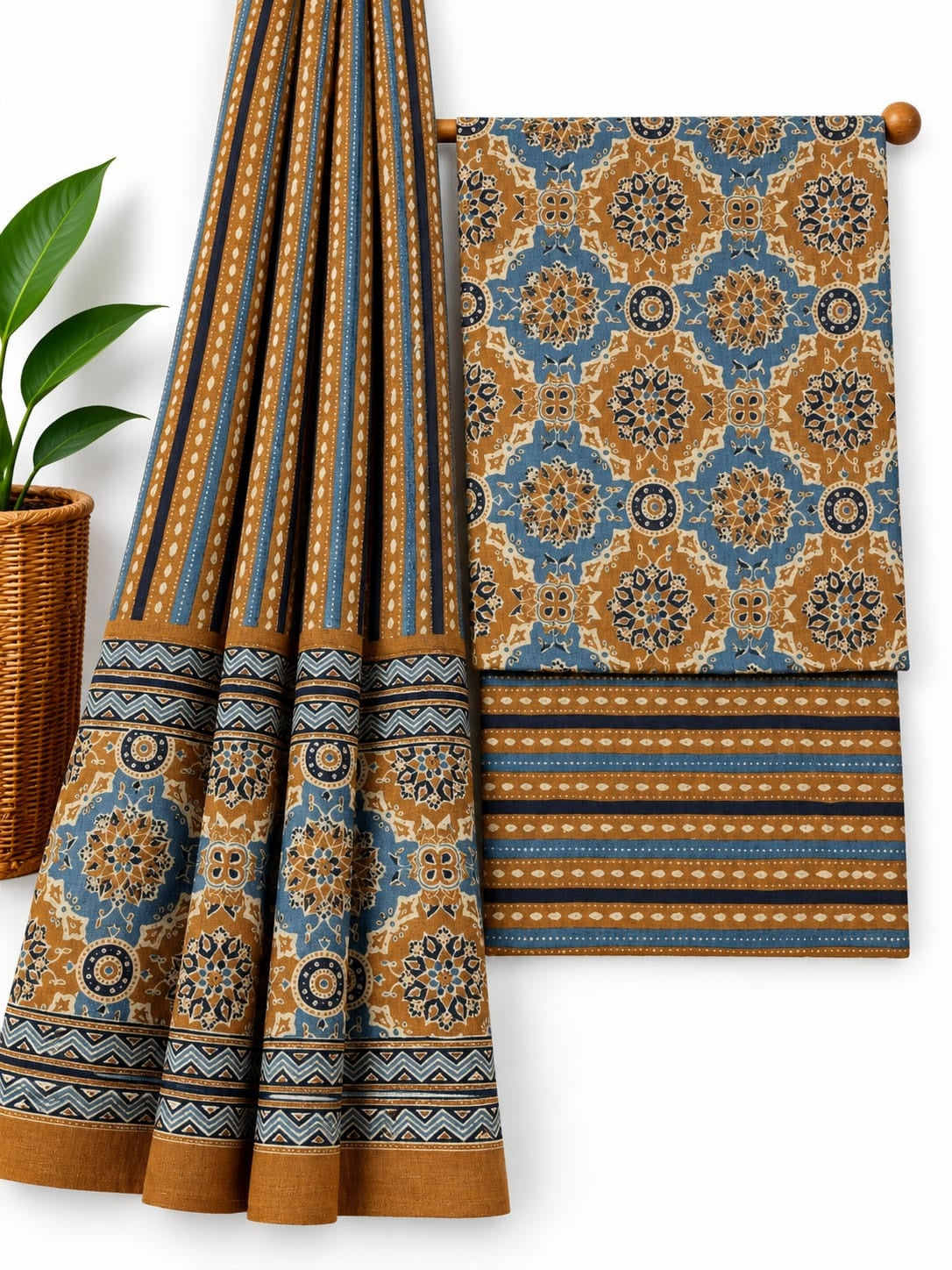 Mustard Yellow & Blue Traditional Print cotton screen print salwar suit set with cotton dupatta