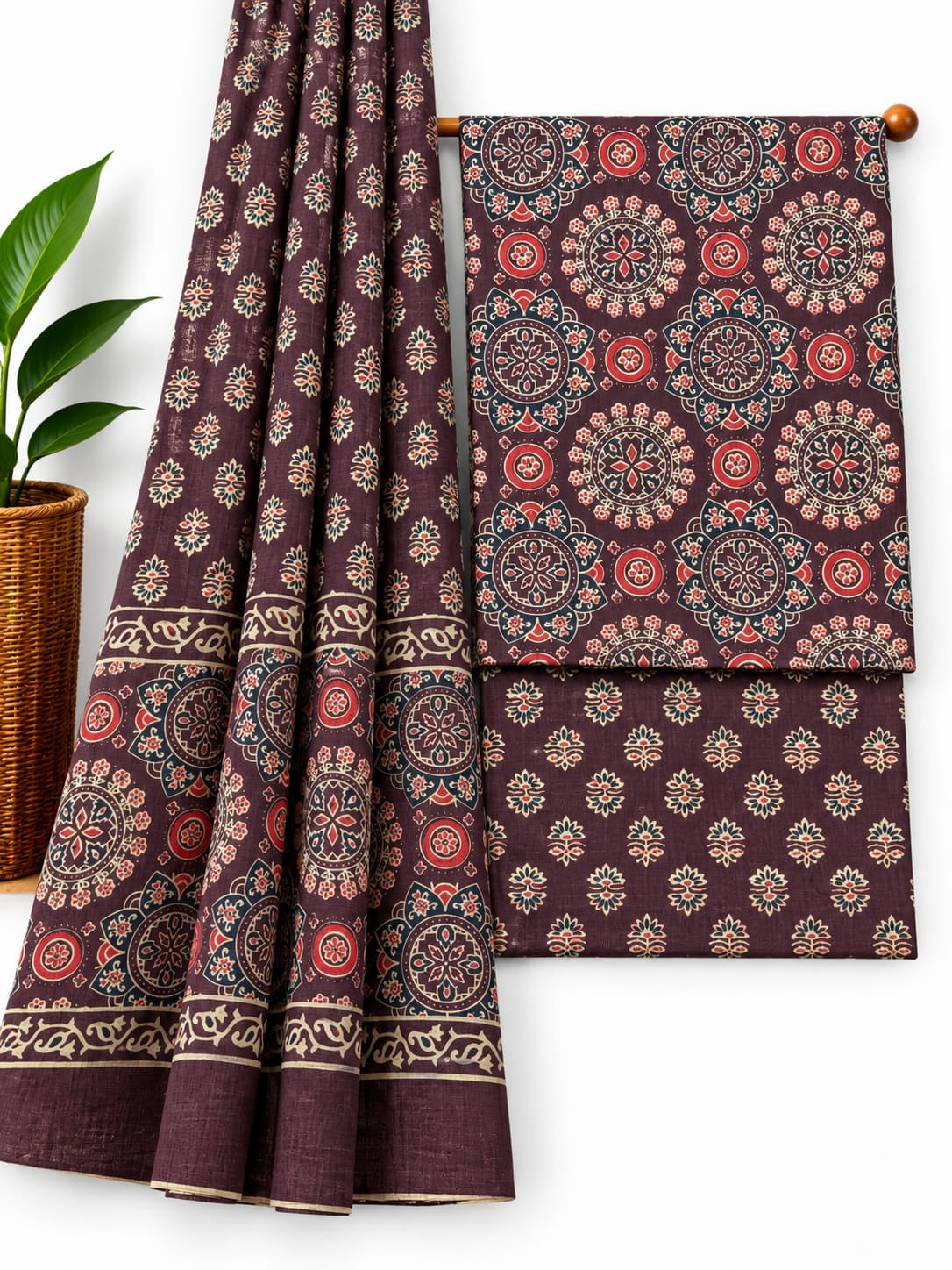 Plum & Red Ethnic Motif cotton screen print salwar suit set with cotton dupatta
