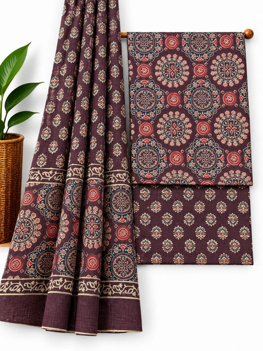 Plum & Red Ethnic Motif cotton screen print salwar suit set with cotton dupatta