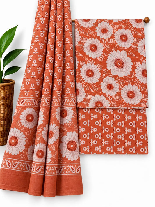 Rust Orange & Off-White Floral Booti cotton screen print salwar suit set with cotton dupatta