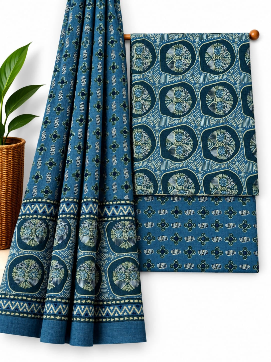 Indigo Blue & Off-White Ethnic Motif cotton screen print salwar suit set with cotton dupatta