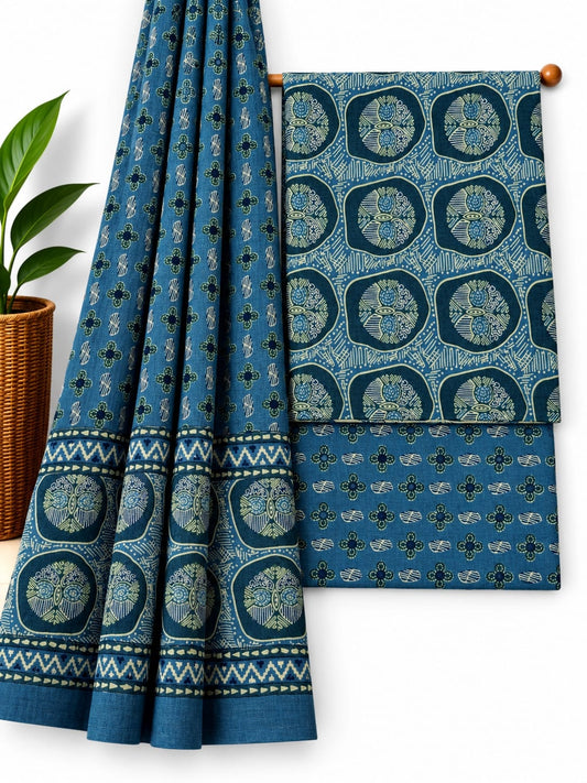 Indigo Blue & Off-White Ethnic Motif cotton screen print salwar suit set with cotton dupatta