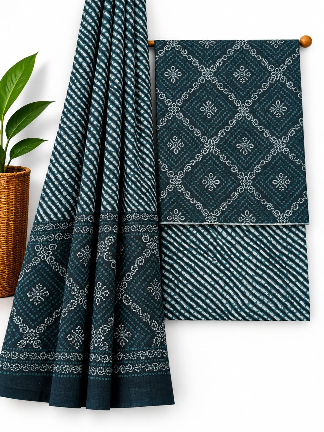 Teal Blue & White Traditional Bandhani Print cotton screen print salwar suit set with cotton dupatta