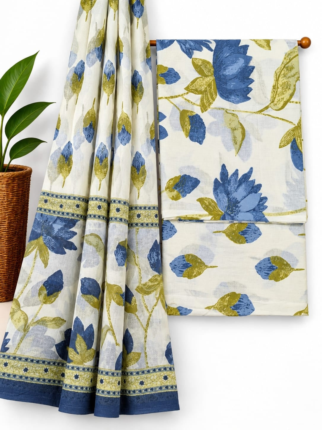 Off-White & Blue Floral Booti cotton screen print salwar suit set with cotton dupatta