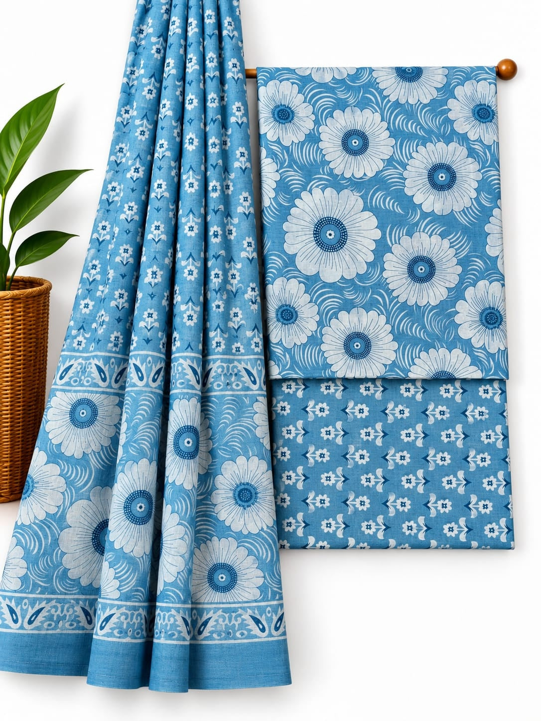 Blue & White Floral Booti cotton screen print salwar suit set with cotton dupatta