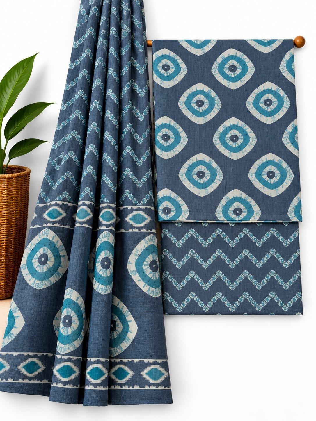 Indigo Blue Geometric cotton screen print salwar suit set with cotton dupatta