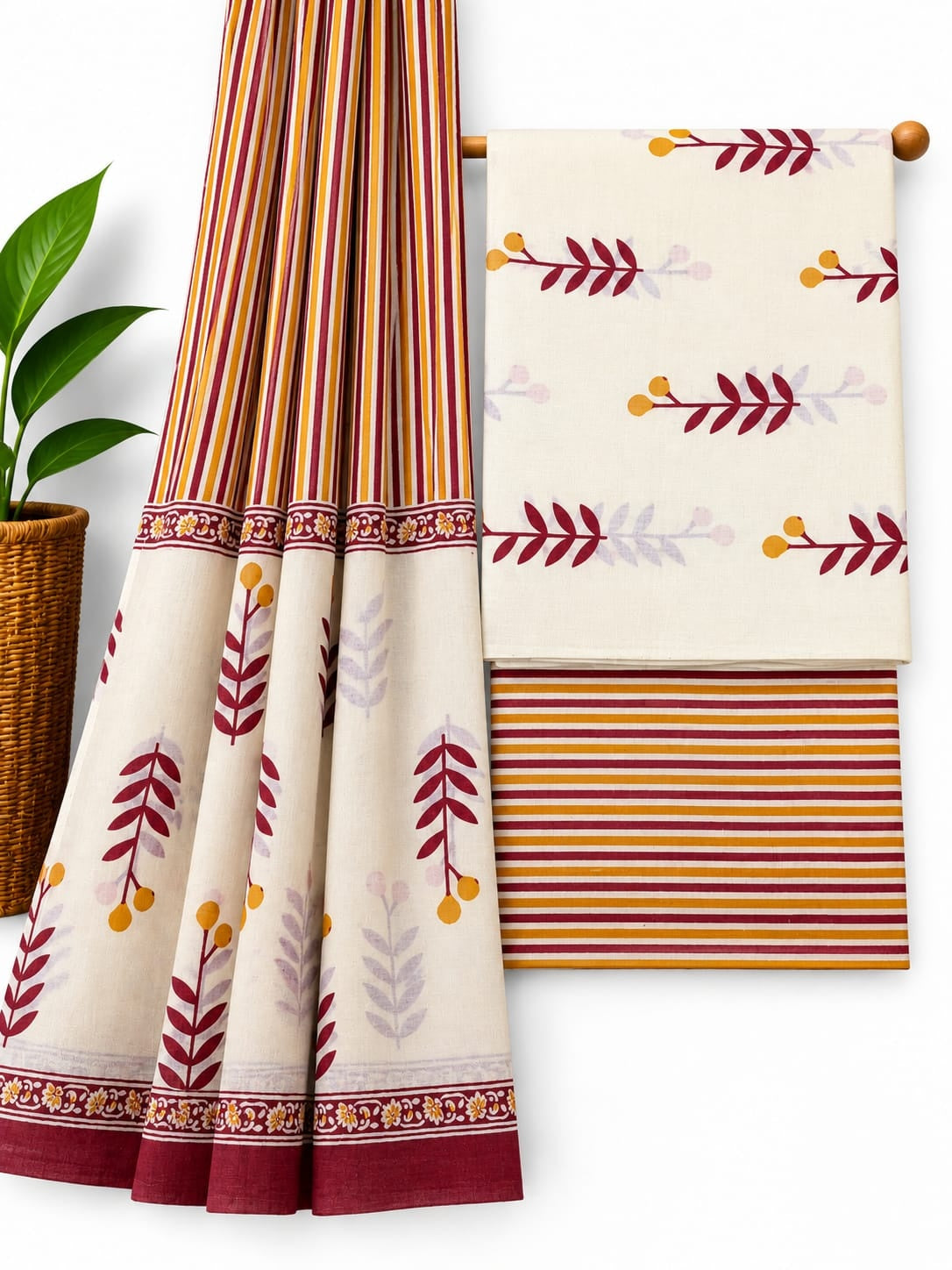 Off-White Maroon And Mustard Leaf Print cotton screen print salwar suit set with cotton dupatta