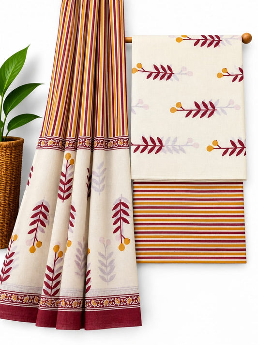 Off-White Maroon And Mustard Leaf Print cotton screen print salwar suit set with cotton dupatta
