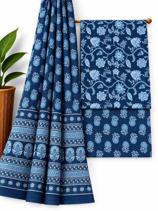 Indigo Blue & White Floral Jaal cotton screen print salwar suit set with cotton dupatta